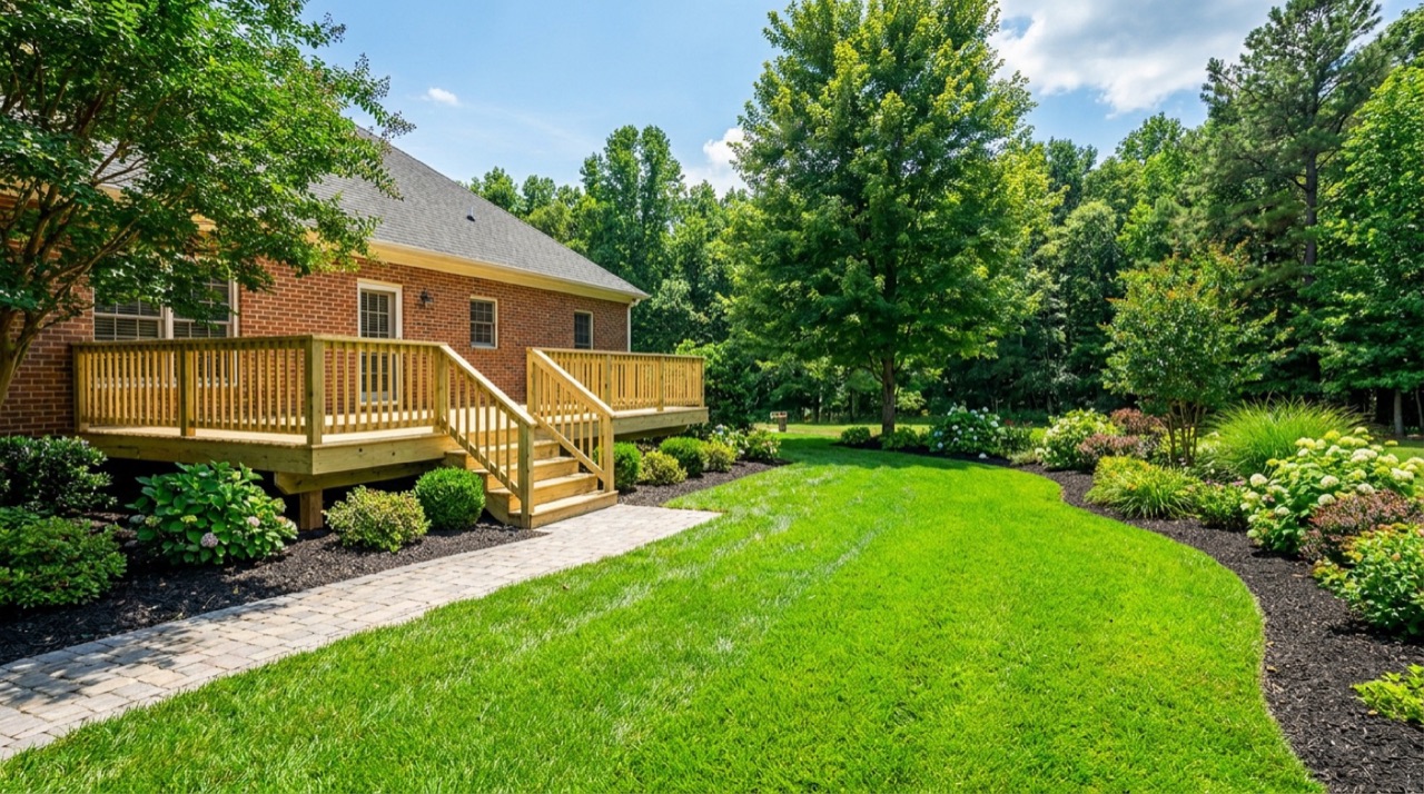 Backyard after — new pressure-treated deck, fresh sod lawn, and landscaped mulch beds