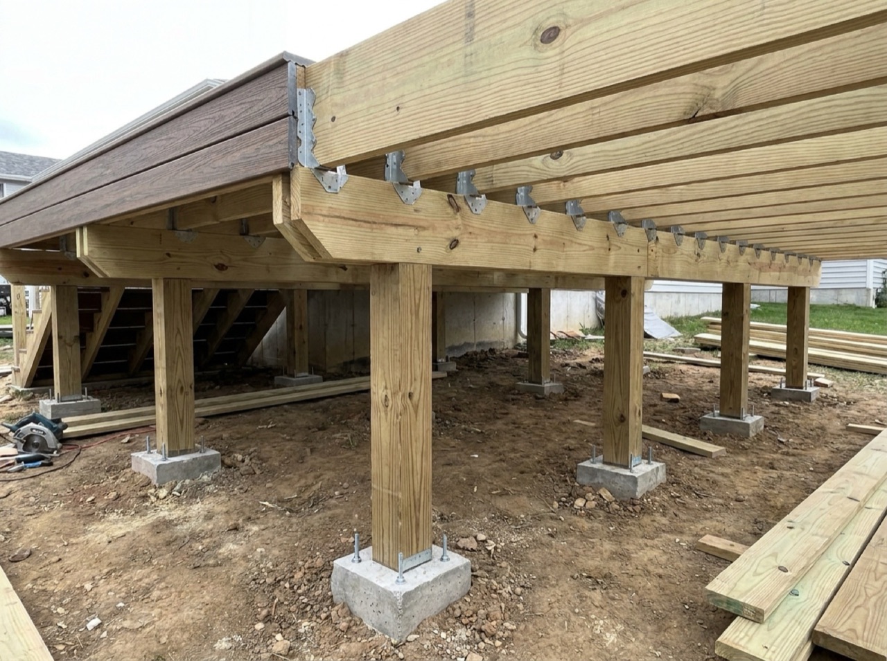 Pressure-treated deck framing — concrete footings, 6x6 posts, beam, joists with galvanized hangers, and decking